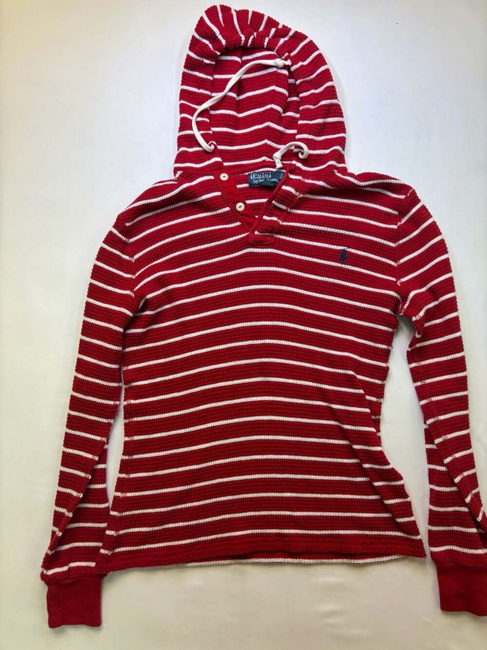 Polo Ralph Lauren Waffle Hoodie Size S Red White Striped Pullover